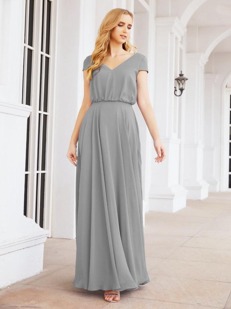 Numbersea V-Neck Bridesmaid Dresses Long Cap Sleeves Prom Evening Formal Gowns 28071