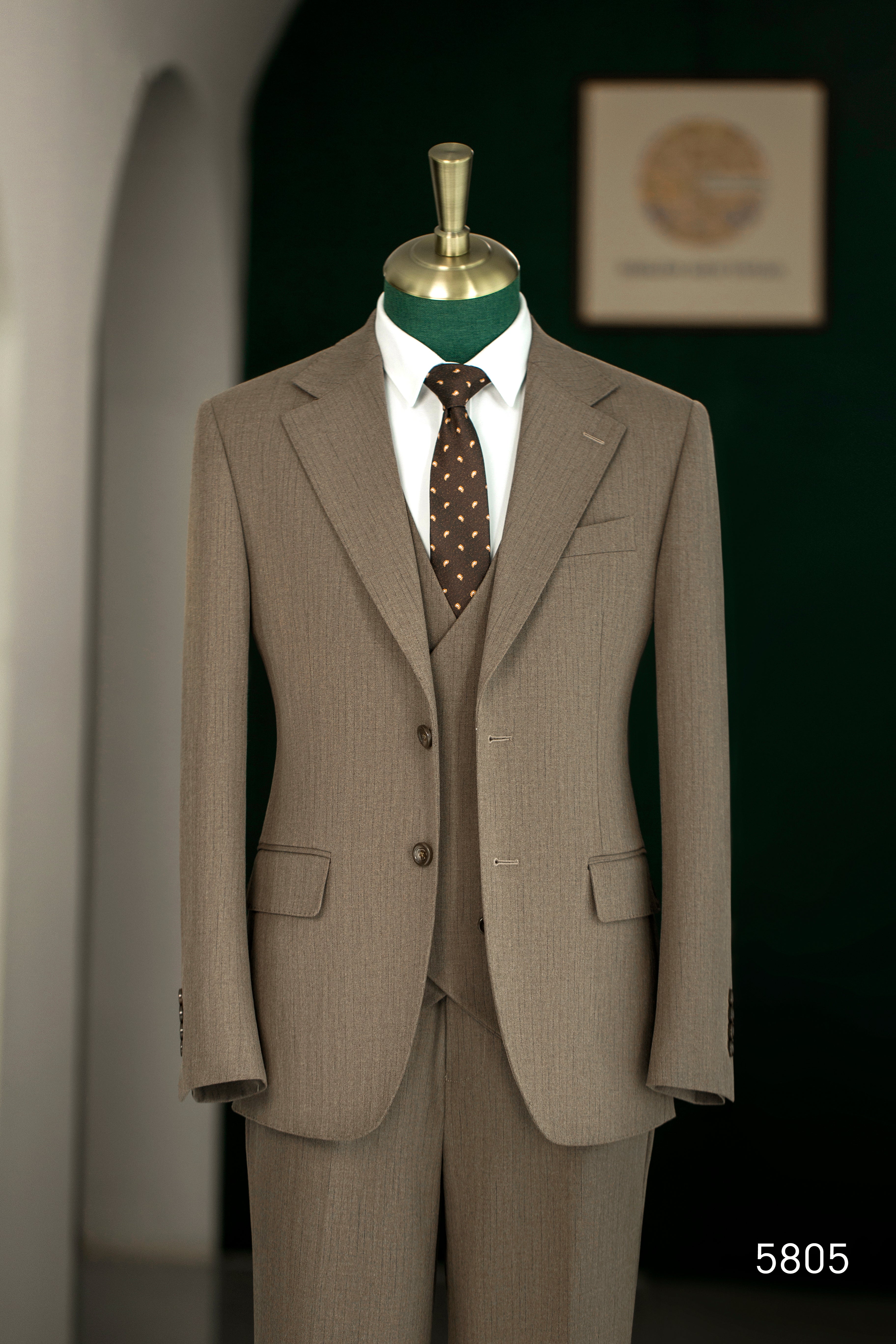 Taupe Pinstripe Wool 3-Piece Wedding Suit | Tailored Groom & Groomsmen Attire