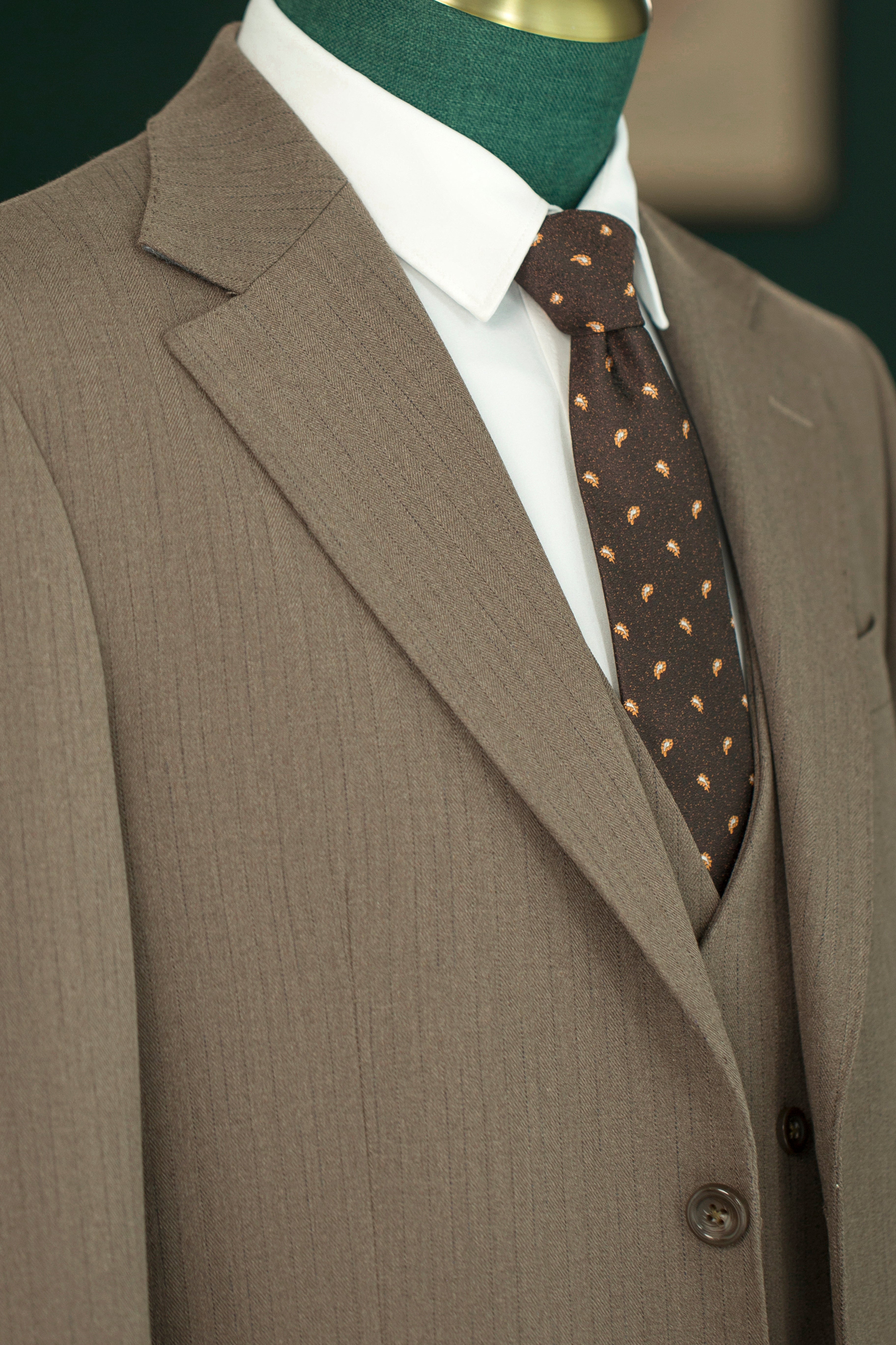 Taupe Pinstripe Wool 3-Piece Wedding Suit | Tailored Groom & Groomsmen Attire