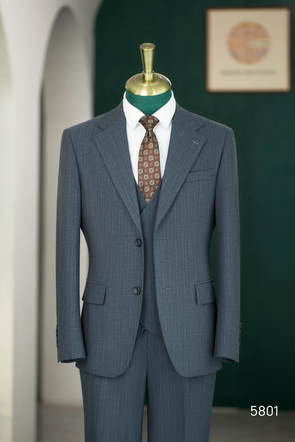 Dusty Blue Pinstripe Wool Wedding Suit | 3-Piece Tailored Groom & Groomsmen Attire