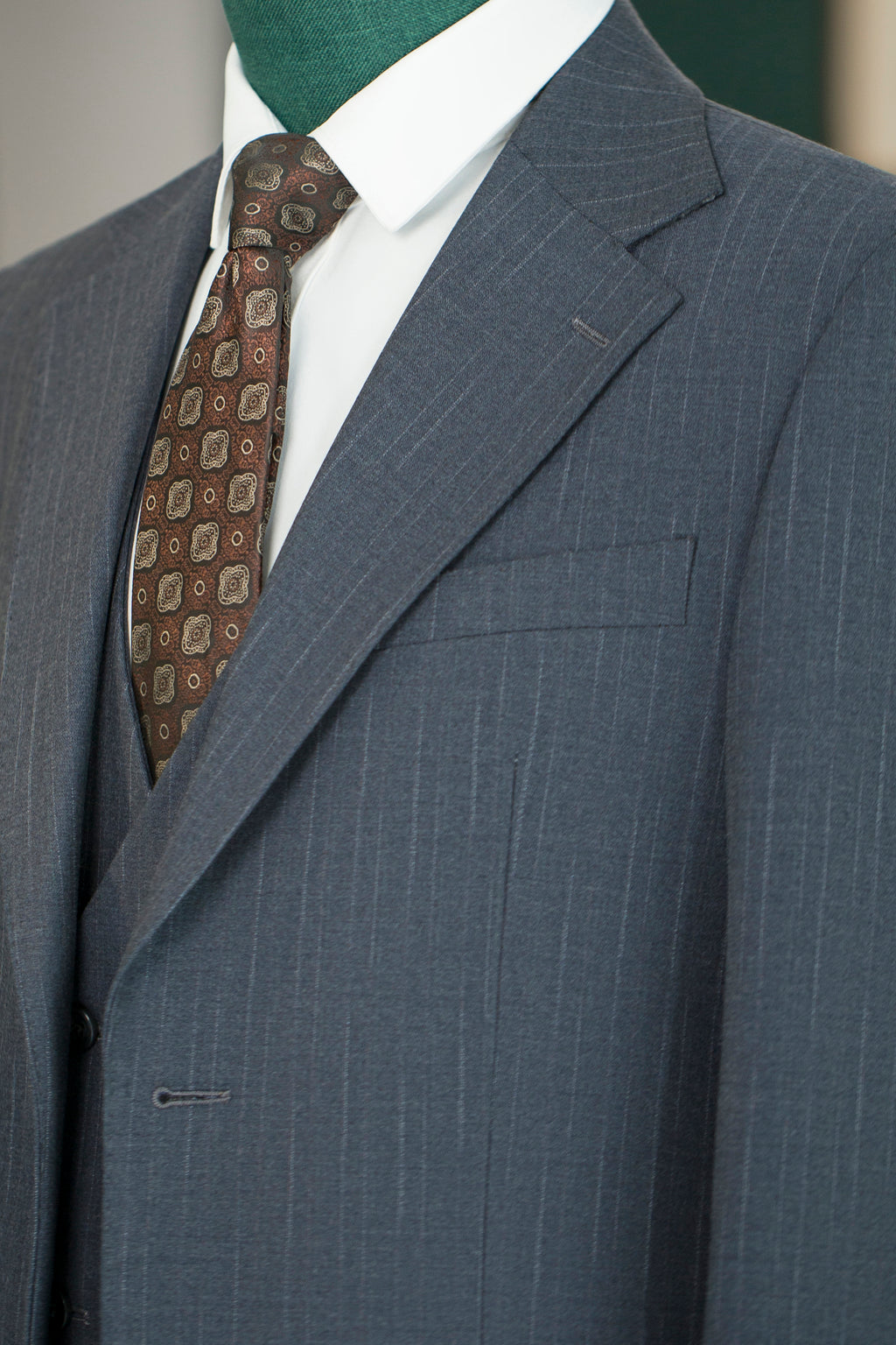 Dusty Blue Pinstripe Wool Wedding Suit | 3-Piece Tailored Groom & Groomsmen Attire