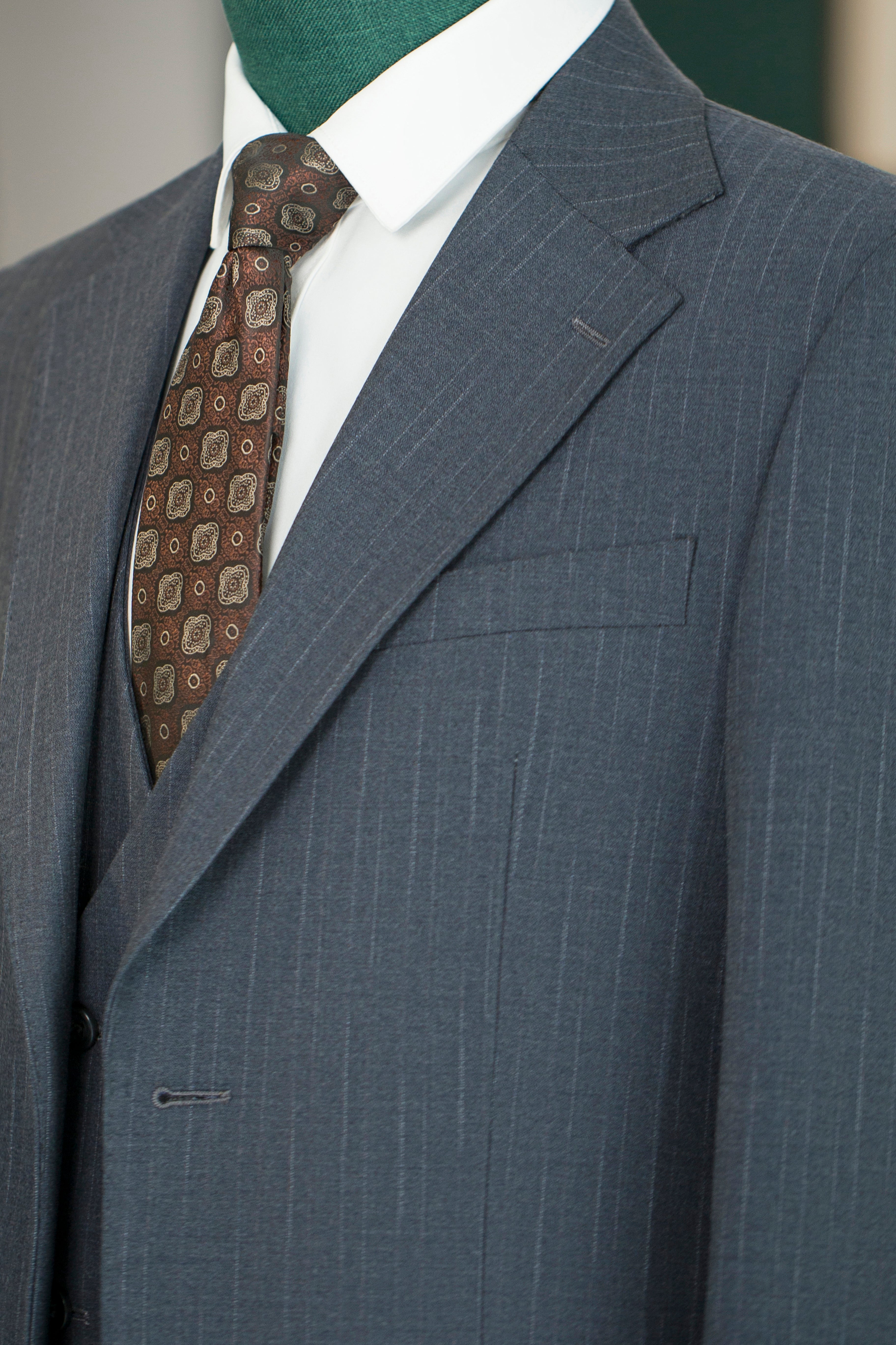 Dusty Blue Pinstripe Wool Wedding Suit | 3-Piece Tailored Groom & Groomsmen Attire