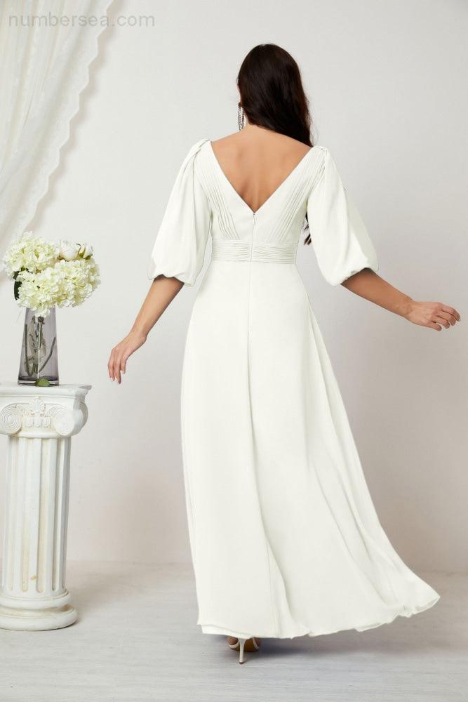 Numbersea  Formal Prom Gown Women V-Neck Chiffon Bridesmaid Dresses Long Bishop Sleeve Party Dress 2807