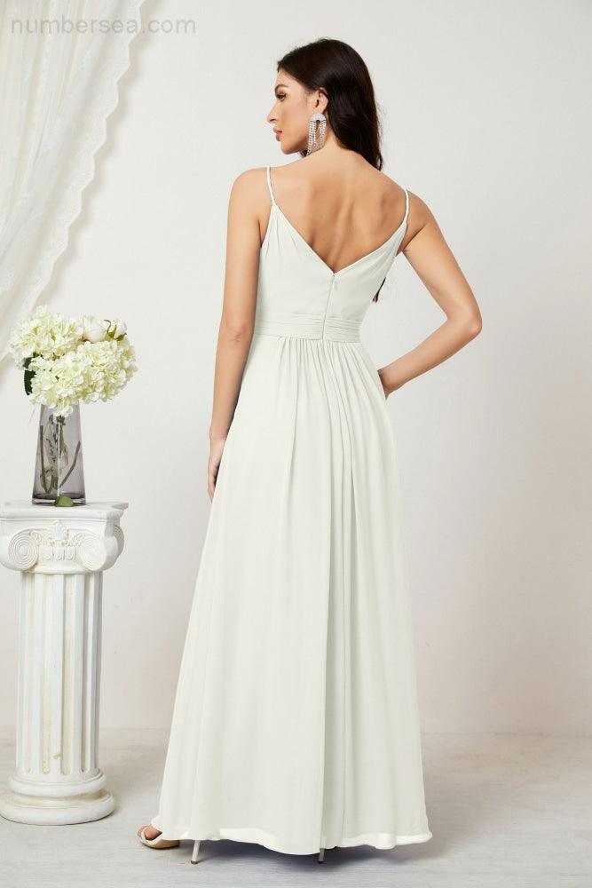 Numbersea Chiffon V-Neck Bridesmaid Dress Spaghetti Strap Long Formal Party Prom Gowns with Slit 28010