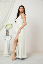 Numbersea Chiffon V-Neck Bridesmaid Dress Spaghetti Strap Long Formal Party Prom Gowns with Slit 28010