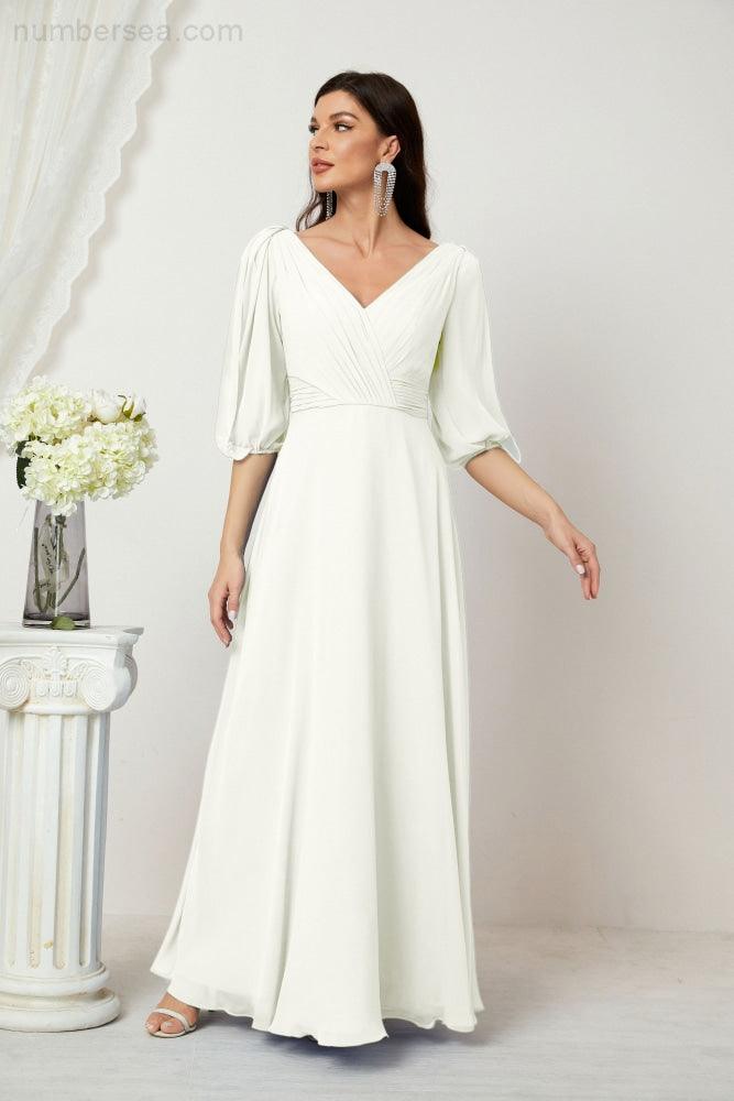 Numbersea  Formal Prom Gown Women V-Neck Chiffon Bridesmaid Dresses Long Bishop Sleeve Party Dress 2807