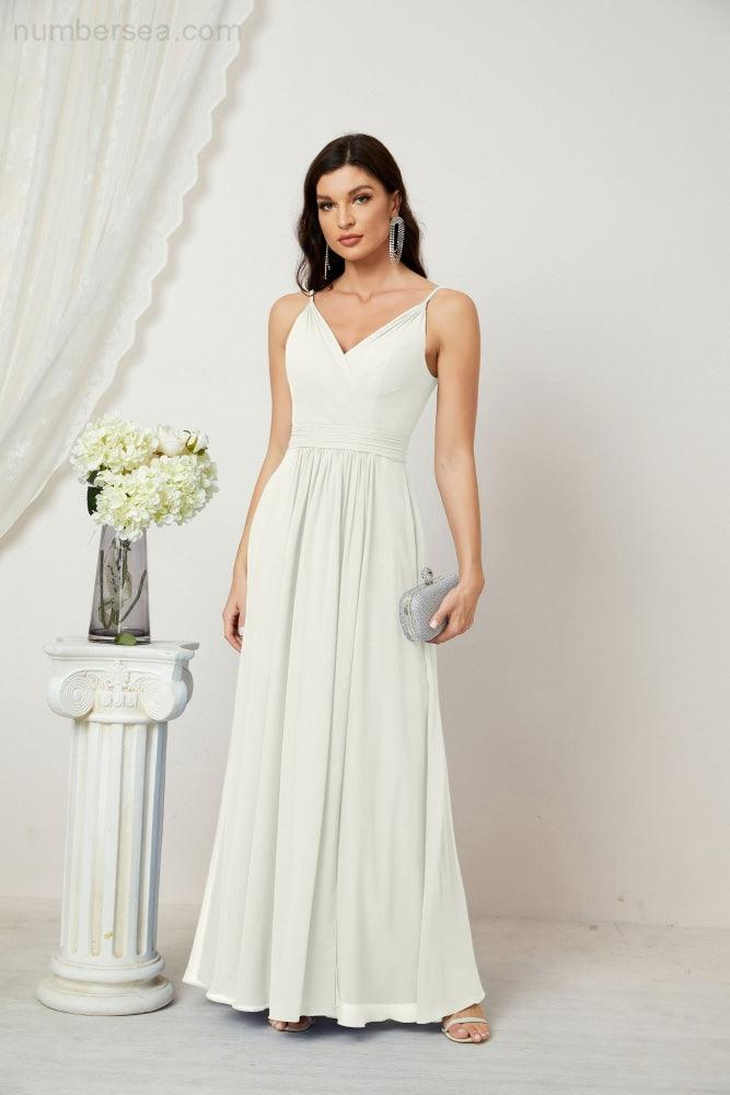 Numbersea Chiffon V-Neck Bridesmaid Dress Spaghetti Strap Long Formal Party Prom Gowns with Slit 28010