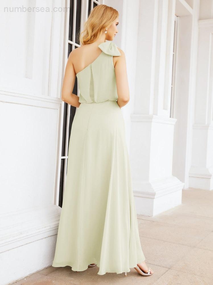 Numbersea Chiffon Ruffled One Shoulder Sleeveless Long Bride Dresses A-line Formal Evening Gown Side Split 28057