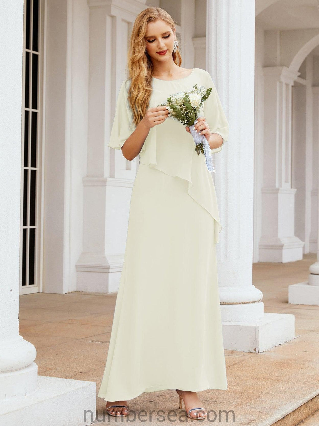 Numbersea Formal Party Gown Dress Long Mother of The Bride Dresses with Ruffle Cape 28026