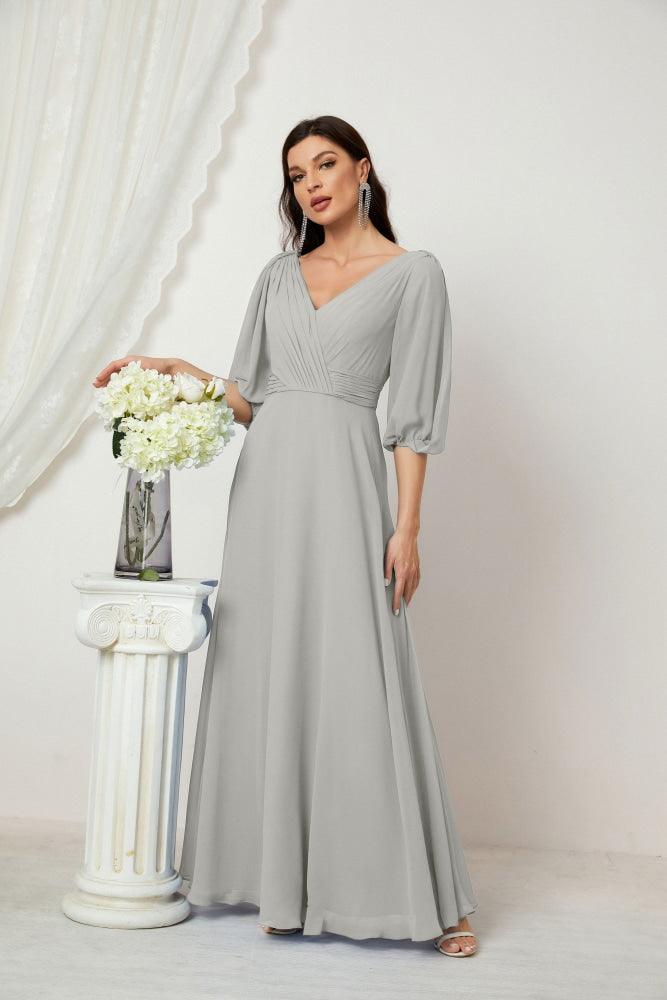 Numbersea  Formal Prom Gown Women V-Neck Chiffon Bridesmaid Dresses Long Bishop Sleeve Party Dress 2807