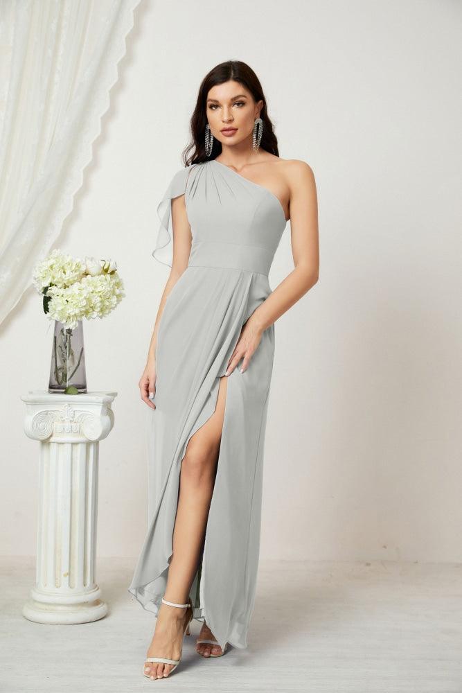 Numbersea  Chiffon Ruffled One Shoulder Long Bridesmaid Dresses A-line Formal Evening Gown Side Split 2809