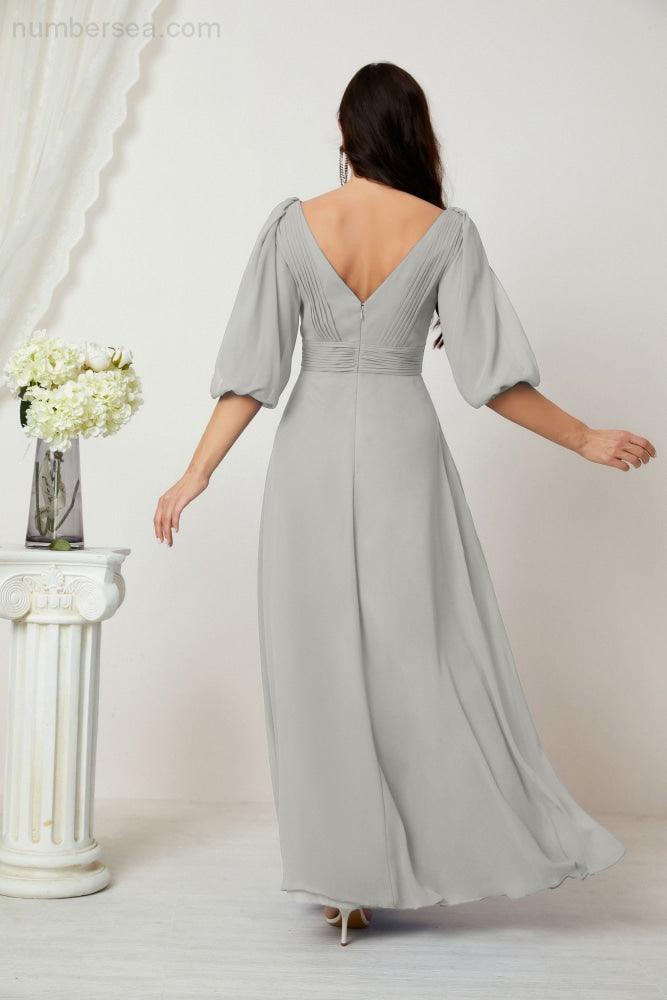 Numbersea  Formal Prom Gown Women V-Neck Chiffon Bridesmaid Dresses Long Bishop Sleeve Party Dress 2807