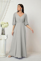 Numbersea  Formal Prom Gown Women V-Neck Chiffon Bridesmaid Dresses Long Bishop Sleeve Party Dress 2807