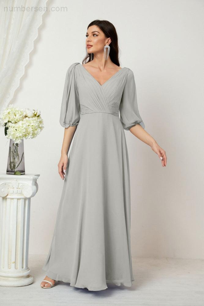 Numbersea  Formal Prom Gown Women V-Neck Chiffon Bridesmaid Dresses Long Bishop Sleeve Party Dress 2807