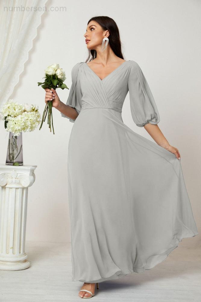 Numbersea  Formal Prom Gown Women V-Neck Chiffon Bridesmaid Dresses Long Bishop Sleeve Party Dress 2807