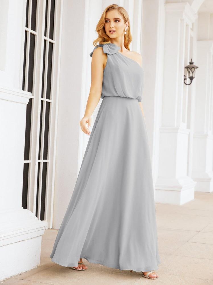 Numbersea Chiffon Ruffled One Shoulder Sleeveless Long Bride Dresses A-line Formal Evening Gown Side Split 28057