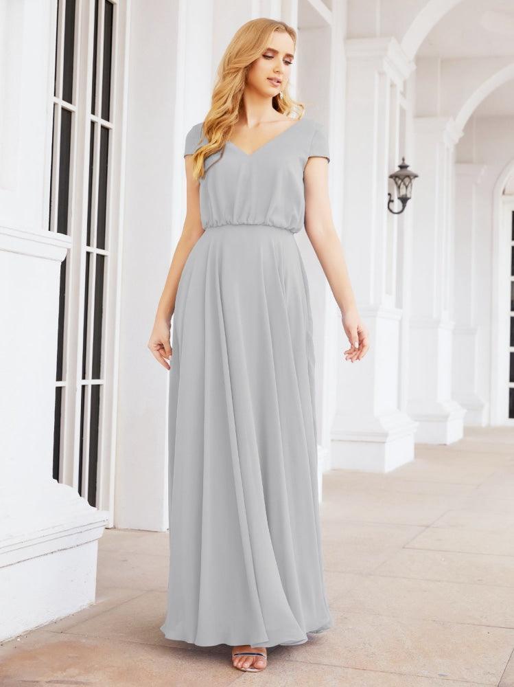 Numbersea V-Neck Bridesmaid Dresses Long Cap Sleeves Prom Evening Formal Gowns 28071