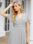 Numbersea Chiffon Bridesmaid Dresses Long Formal Evening Prom Mother of The Bride Dress with Flutter Sleeve     SEA28040