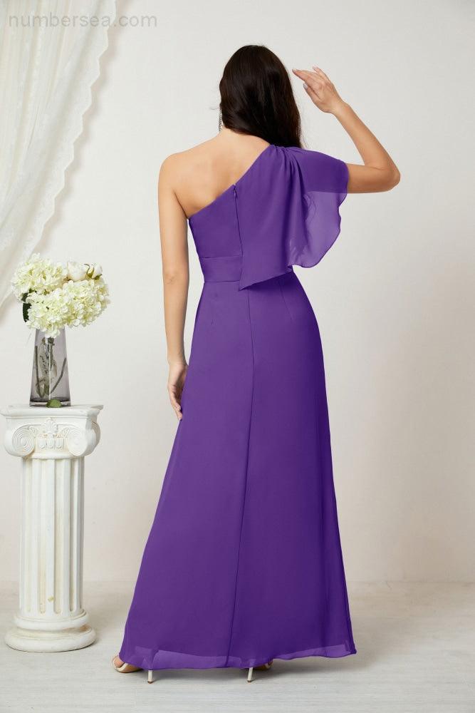 Numbersea  Chiffon Ruffled One Shoulder Long Bridesmaid Dresses A-line Formal Evening Gown Side Split 2809