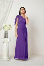 Numbersea  Chiffon Ruffled One Shoulder Long Bridesmaid Dresses A-line Formal Evening Gown Side Split 2809