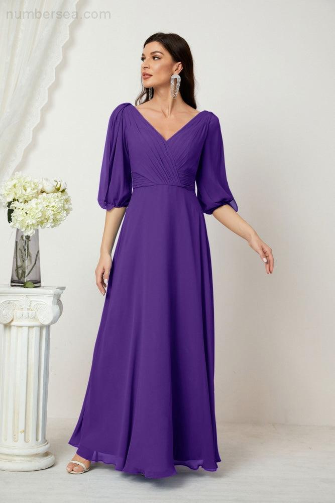 Numbersea  Formal Prom Gown Women V-Neck Chiffon Bridesmaid Dresses Long Bishop Sleeve Party Dress 2807