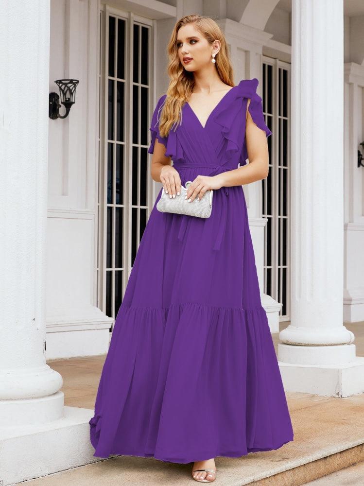 Numbersea Women's Open Back Formal Evening Party Prom Gowns V-Neck Long Chiffon Bridesmaid Dresses with Waist Belt 28038