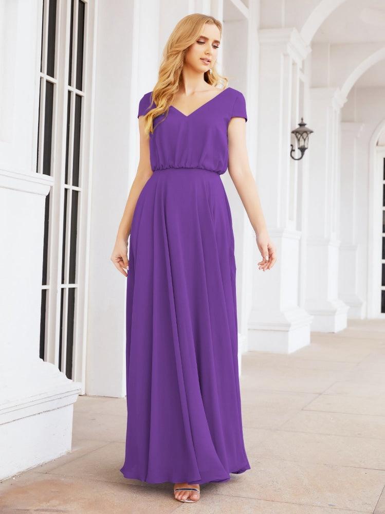 Numbersea V-Neck Bridesmaid Dresses Long Cap Sleeves Prom Evening Formal Gowns 28071