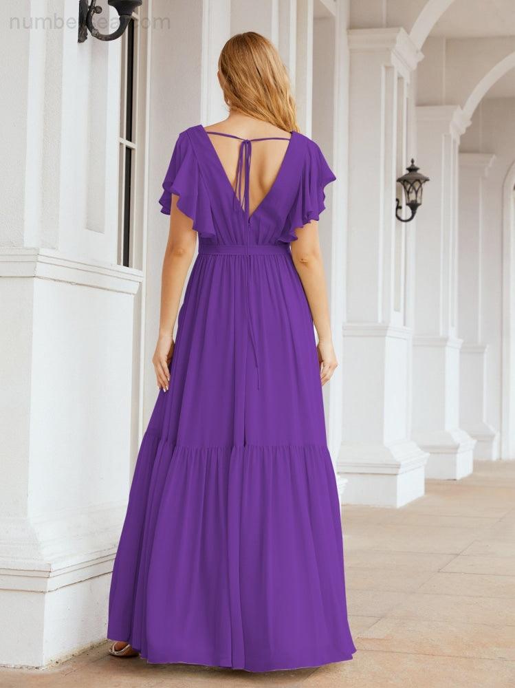 Numbersea Women's Open Back Formal Evening Party Prom Gowns V-Neck Long Chiffon Bridesmaid Dresses with Waist Belt 28038