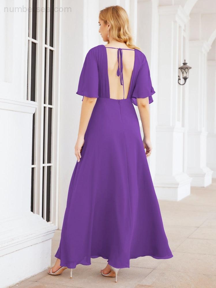 Numbersea V-Neck Bridesmaid Dress Chiffon Long Open Back Formal Dresses for Women Party Evening 28067
