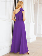 Numbersea Chiffon Ruffled One Shoulder Sleeveless Long Bride Dresses A-line Formal Evening Gown Side Split 28057