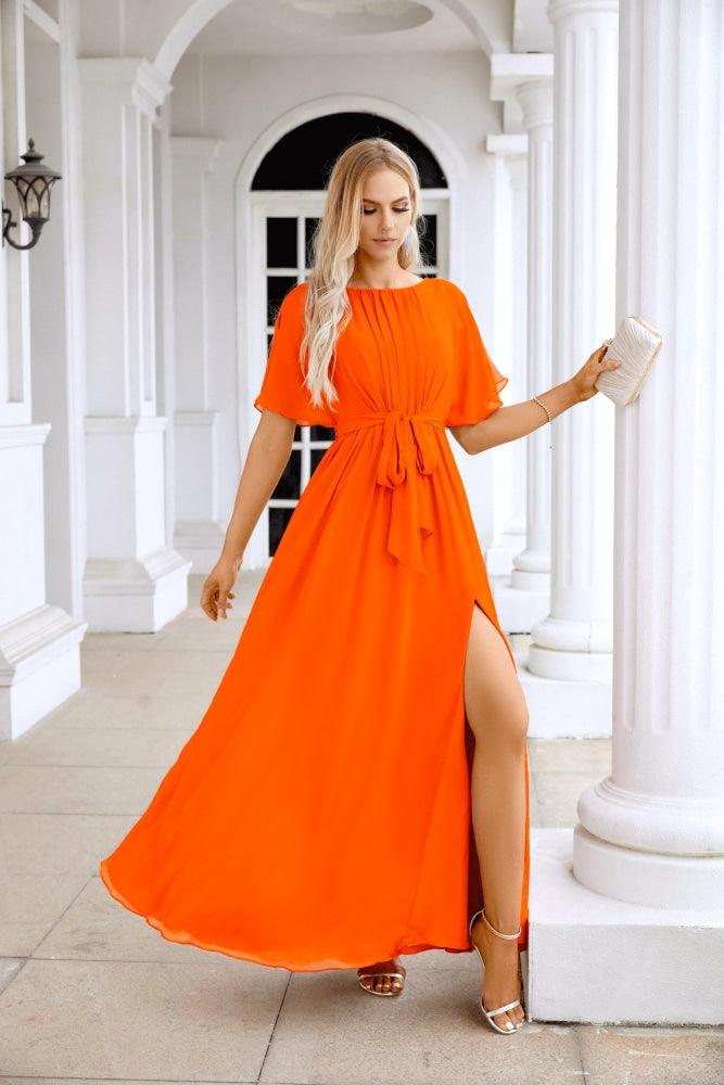 Ladies Chiffon Sleeve Crew Neck Front Slit Floor Length Bridesmaid Evening Dress Wedding Party Evening Dress 28124
