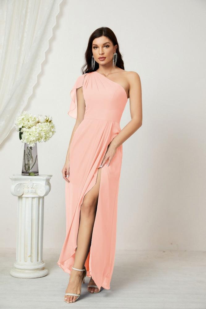 Numbersea  Chiffon Ruffled One Shoulder Long Bridesmaid Dresses A-line Formal Evening Gown Side Split 2809