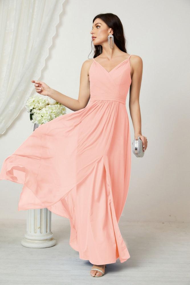 Numbersea Chiffon V-Neck Bridesmaid Dress Spaghetti Strap Long Formal Party Prom Gowns with Slit 28010