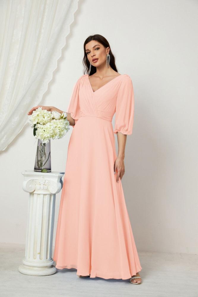 Numbersea  Formal Prom Gown Women V-Neck Chiffon Bridesmaid Dresses Long Bishop Sleeve Party Dress 2807