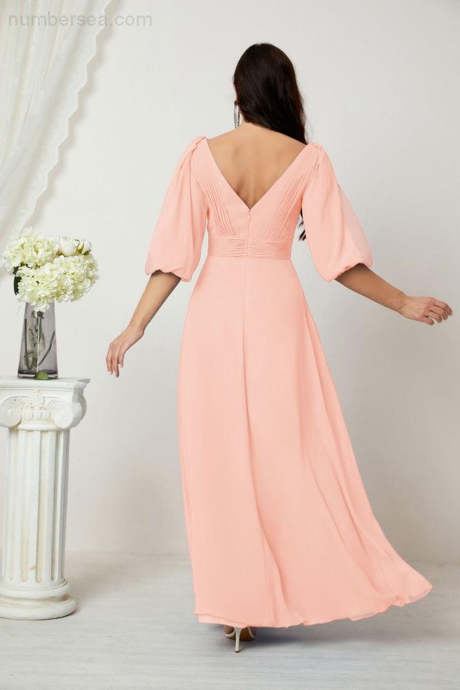 Numbersea  Formal Prom Gown Women V-Neck Chiffon Bridesmaid Dresses Long Bishop Sleeve Party Dress 2807