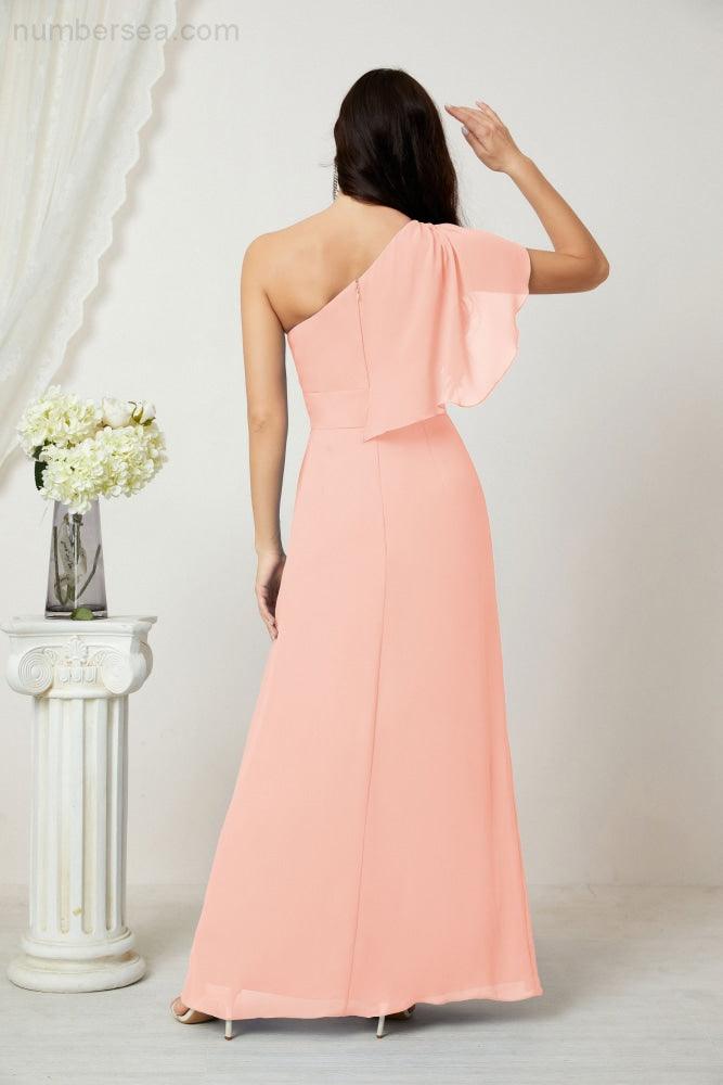 Numbersea  Chiffon Ruffled One Shoulder Long Bridesmaid Dresses A-line Formal Evening Gown Side Split 2809