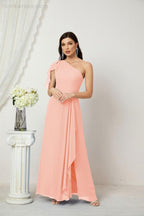 Numbersea  Chiffon Ruffled One Shoulder Long Bridesmaid Dresses A-line Formal Evening Gown Side Split 2809