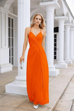 Ladies Chiffon Spaghetti Strap V Neck Front Slit Floor Length Bridesmaid Evening Dress Prom Party Wedding Evening Dress 28116