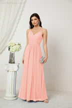 Numbersea Chiffon V-Neck Bridesmaid Dress Spaghetti Strap Long Formal Party Prom Gowns with Slit 28010
