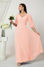 Numbersea  Formal Prom Gown Women V-Neck Chiffon Bridesmaid Dresses Long Bishop Sleeve Party Dress 2807