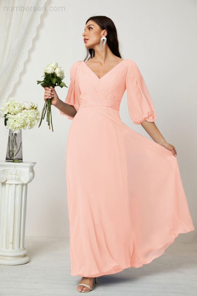 Numbersea  Formal Prom Gown Women V-Neck Chiffon Bridesmaid Dresses Long Bishop Sleeve Party Dress 2807