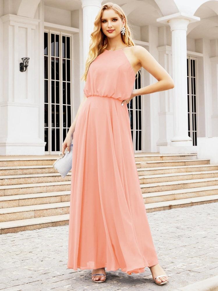 Numbersea  Halter Long Bridesmaid Dresses Formal A line Juniors Dress 28029