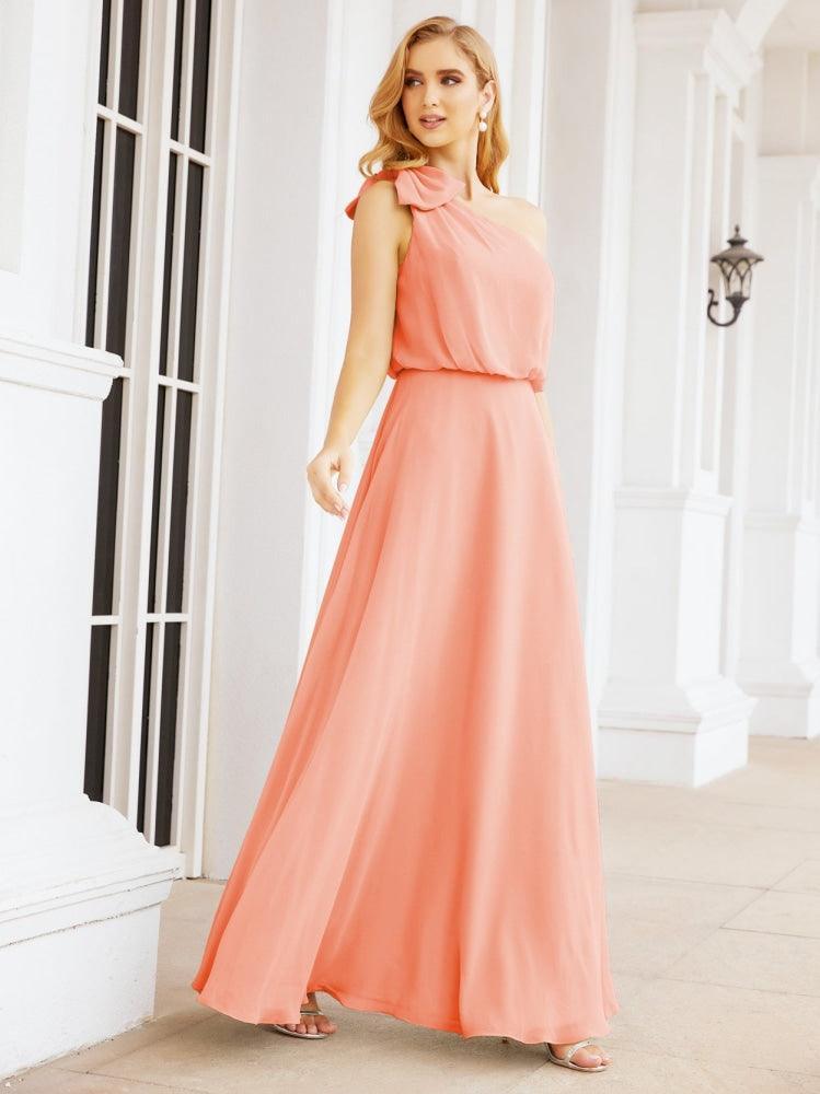 Numbersea Chiffon Ruffled One Shoulder Sleeveless Long Bride Dresses A-line Formal Evening Gown Side Split 28057