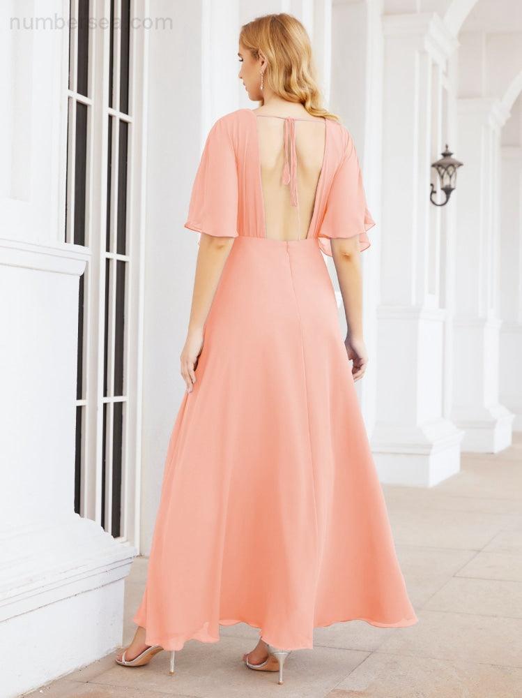 Numbersea V-Neck Bridesmaid Dress Chiffon Long Open Back Formal Dresses for Women Party Evening 28067