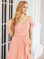 Numbersea Off The Shoulder Chiffon Bridesmaid Dress Long Formal Graduation Gown with Cowl Back 28069
