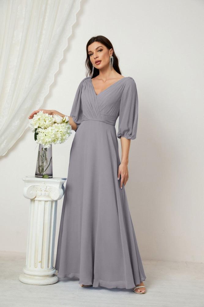 Numbersea  Formal Prom Gown Women V-Neck Chiffon Bridesmaid Dresses Long Bishop Sleeve Party Dress 2807