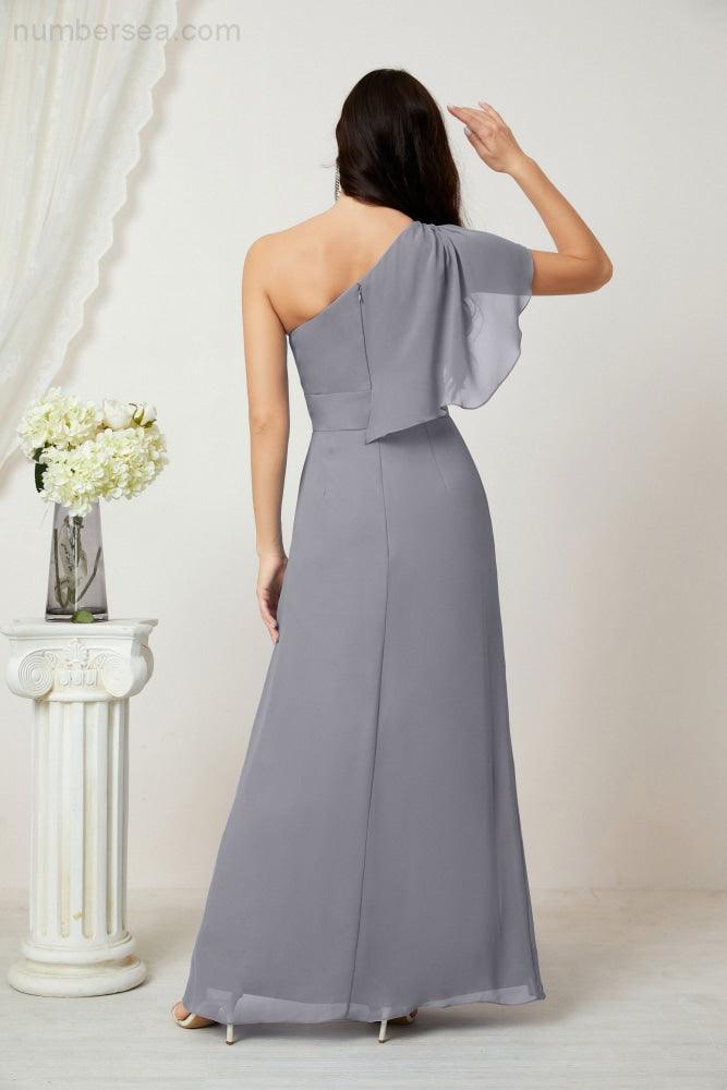 Numbersea  Chiffon Ruffled One Shoulder Long Bridesmaid Dresses A-line Formal Evening Gown Side Split 2809