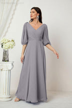 Numbersea  Formal Prom Gown Women V-Neck Chiffon Bridesmaid Dresses Long Bishop Sleeve Party Dress 2807