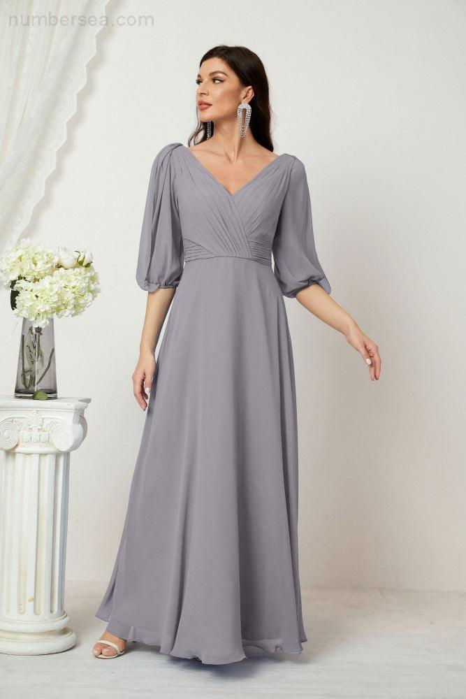 Numbersea  Formal Prom Gown Women V-Neck Chiffon Bridesmaid Dresses Long Bishop Sleeve Party Dress 2807