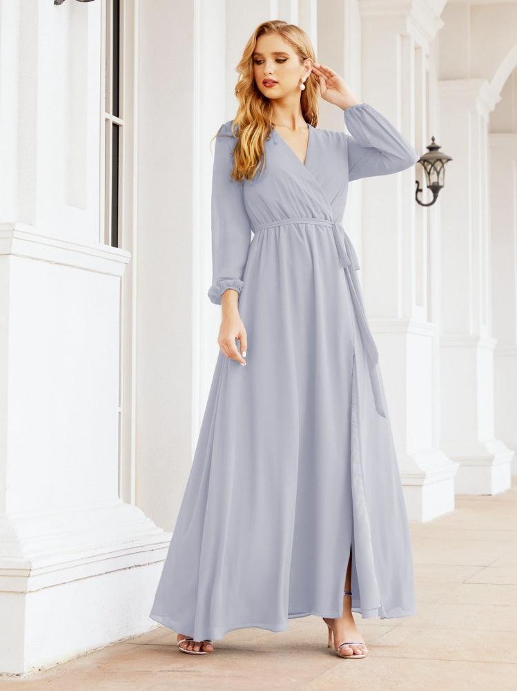 Numbersea Women's Chiffon Bridesmaid Dress A line Long Sleeves Formal Evening Prom Gown for Wedding Guest 28032